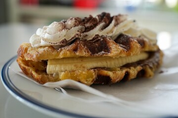 White plate with a delectable dessert of sliced banana topped with whipped cream