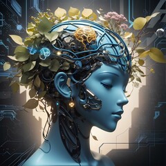 Artificial intelligence represented as a woman with flower and leaves