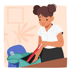 Schoolgirl Character Neatly Places Items Into Her Bag, Organizing Books, Notebooks, And Supplies For The Day Ahead