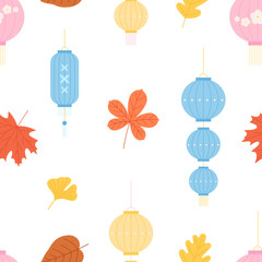 Decorative asian style lantern seamless pattern. Korean, japanese or chinese print template with festival elements, oriental autumn leaves vector background
