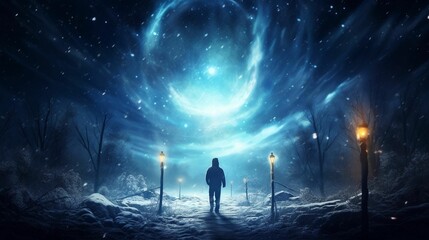 Silhouette of a person standing in a snow-covered alleyway under a starry night sky, AI-generated.