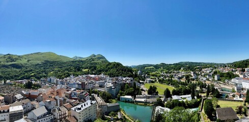 Panorama of the city and Rosary Basilica of Lourdes, France