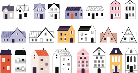 Flat doodle houses, tiny buildings flat and line style. Decorative architecture urban elements, little town or village vector homes