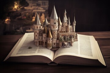 Obraz premium A pop-up book with a paper castle on a table. The image shows a creative and realistic craft.