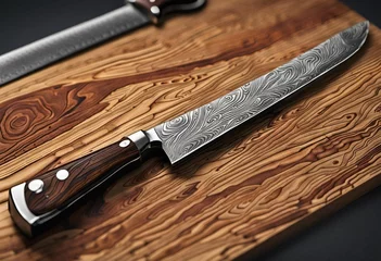Fotobehang a cutting board topped with three different types of knives sitting on top of it © Willem Van Zyl/Wirestock Creators