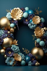Fototapeta na wymiar Balloon garland decoration elements. Digital background arch of blue and gold balloons with flowers for maternity, weddings, parties and celebrations