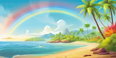 Fototapeta na wymiar A bright and cheerful tropical beach with a rainbow, a small island, a boat, and birds in the sky.