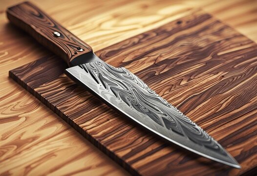 Digital Art style picture of an ornate knife with a Damascus Steel blade lying on a wooden board