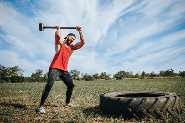 Incredible Strength Muscular Man Demonstrating Power, Hitting Rubber Tire with Hammer at Cross fit...