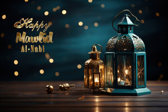 Happy mawlid al-nabi, The celebration of the birthday of the Prophet Muhammad, Rabi al-Awwal, Islam Sunnis and Shiites, Hamd, tasbih, public processions, naat. Postcard banner Greeting card.