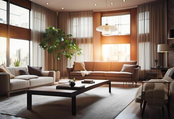 AI generated illustration of a modern living room with a wooden floor and flat-screen television
