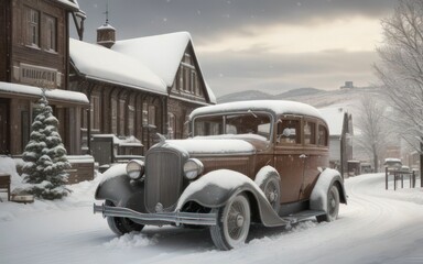 Fototapeta premium AI generated illustration of an antique car parked on a snowy street