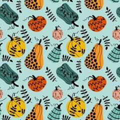 Halloween pumpkins seamless autumn harvest vegetable pattern for wrapping paper and fabrics and kids 