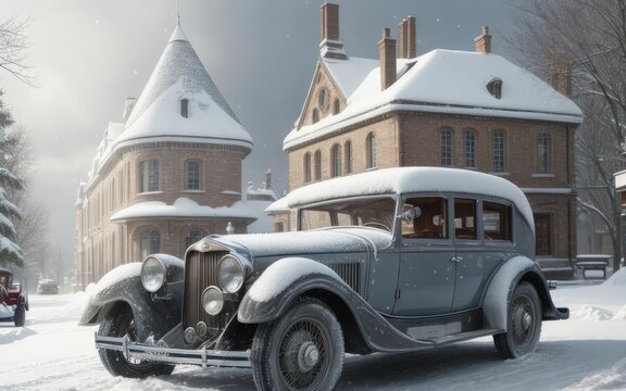 AI Generated Illustration Of An Antique Car Parked On A Snowy Street