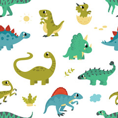 Dino seamless pattern, dinosaurs happy fabric cartoon print design. Cute dinosaur surface, adorable childish characters classy vector background