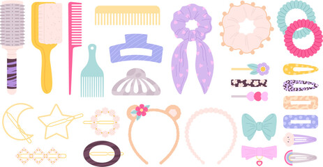Cartoon hair slide and clips, girls hairbands items. Plastic pins, flat fabric rubbers. Hairdressing equipment, fashion female band racy vector set - obrazy, fototapety, plakaty
