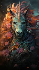 AI generated illustration of a fantasy unicorn surrounded by flowers