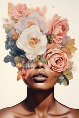 AI generated illustration of a black female's jaw with flowers in place of the face