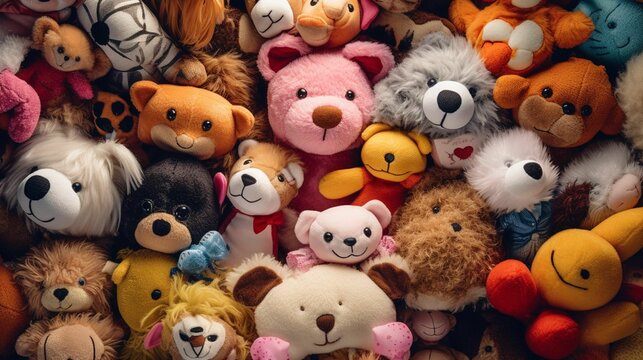 AI generated illustration of an assortment of stuffed animals arranged in a pile for display