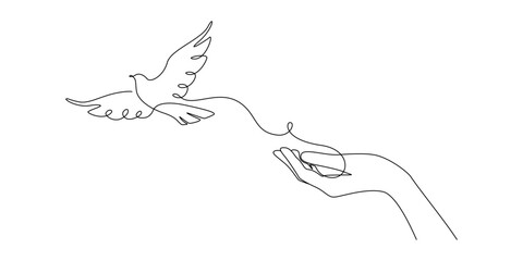 One continuous line drawing of flying dove with two hands. Bird symbol of peace and freedom in simple linear style. Mascot concept for national labor movement icon. Doodle vector illustration