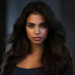 Fototapeta premium a beautiful young woman with long, flowing hair looking into the camera with a soft expression