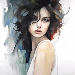 Fototapeta premium AI generated illustration of a portrait of a young woman in watercolor