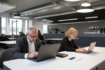 Two businesspeople work on laptops in a bright and open office space. They sit at a long desk with notebooks and use the internet or online tools.