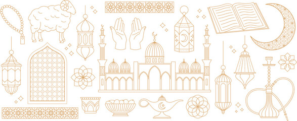 Traditional arabic symbols, golden line lantern and ornate borders. Sheep and muslim mosaic, floral decorative elements. Arab racy vector set