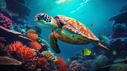 Obraz na płótnie Canvas Turtle_swims_in_the_corals_underwater