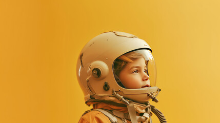 Portrait of an 8 years old boy wearing an astronaut helmet isolated on flat orange background with...