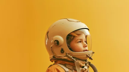 Crédence de cuisine en verre imprimé Ancien avion Portrait of an 8 years old boy wearing an astronaut helmet isolated on flat orange background with copy space. Creative concept of imagination, dreams of future profession.