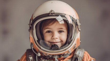 Portrait of an 8 years old boy wearing an astronaut helmet isolated on flat grey background with copy space. Creative concept of imagination, dreams of future profession.