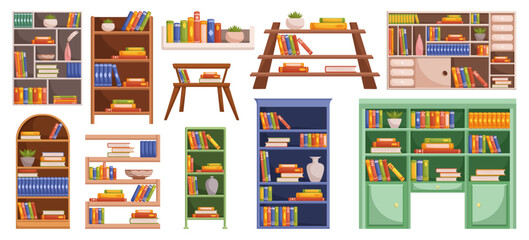 Bookcases With An Array Of Books, Forming A Captivating Visual Display That Invites Exploration, Vector Illustration © Anna Syvak