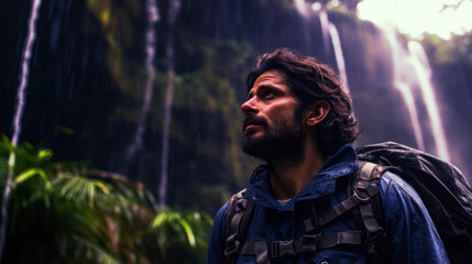 Obraz premium Costa Rican biologist in rainforest gear observing flora near a waterfall.