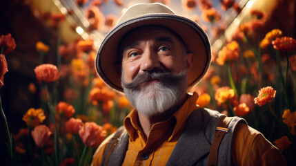 Dutch windmill operator in traditional clothing inside a classic windmill, surrounded by tulip fields