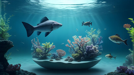 Underwater view of deep sea with beautiful fishes and plants