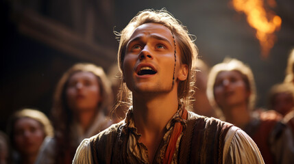 Estonian choral singer in traditional garb, singing a traditional song in an open-air setting.