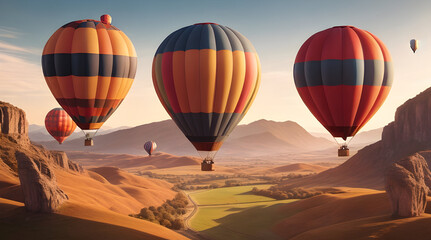 Obraz premium View of a dry desert landscape with hot air balloons flying in the air