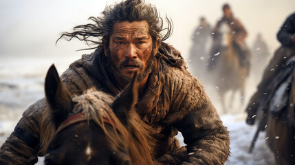 Kazakh Buzkashi player in rugged attire competing for a goat carcass.