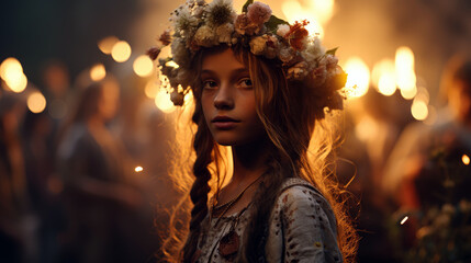 Latvian in traditional clothes and flower crown at a midsummer bonfire - obrazy, fototapety, plakaty