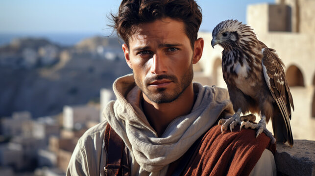 Maltese Falconer holding a bird of prey against a local scenic backdrop.