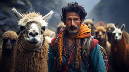 Peruvian Alpaca herder in colorful woven attire leading a herd of alpacas through the Andes mountains.