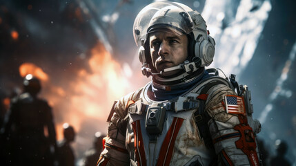 Cosmonaut in a spacesuit, posed against a backdrop of a spacecraft.