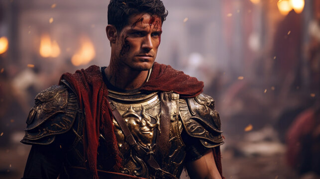 Roman gladiator reenactor in a replica arena, wearing historically accurate armor, holding a gladius.