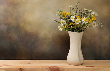 Floral composition of wild herbs and flowers on a wooden table in a rustic style, autumn background, tansy, mint, celandine, chamomile and yarrow in a vase on a vintage background, 