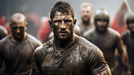 Welsh rugby player muddy and intense, holding a rugby ball, with fans in red jerseys cheering in the background.