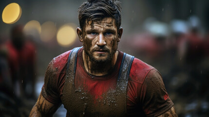 Welsh rugby player muddy and intense, holding a rugby ball, with fans in red jerseys cheering in the background.