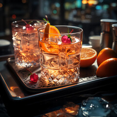 Fototapeta Bunte Cocktails auf dem Tisch, Farbenfrohe Getränke-Auswahl, Vielfältige Mixgetränke, Lebendige Cocktail-Vielfalt obraz