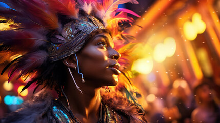 Junkanoo performer in the Bahamas in feathered costume playing a drum. - obrazy, fototapety, plakaty
