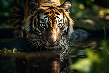 A Sumatran Tiger Bends Down To Drink